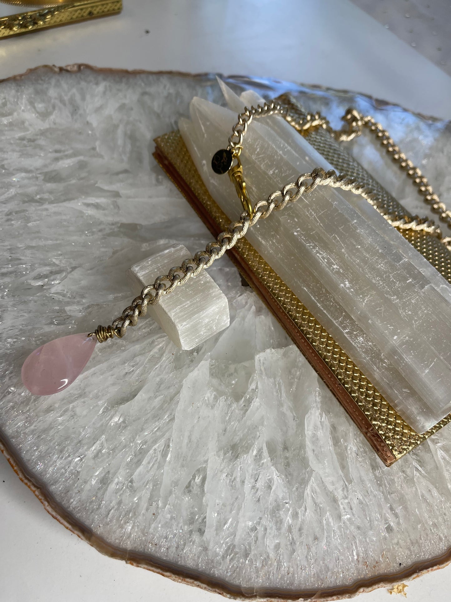 Pink Drop Heart Chakra Soul Chain Rose Quartz Crystal Gold Plated Soul Chain