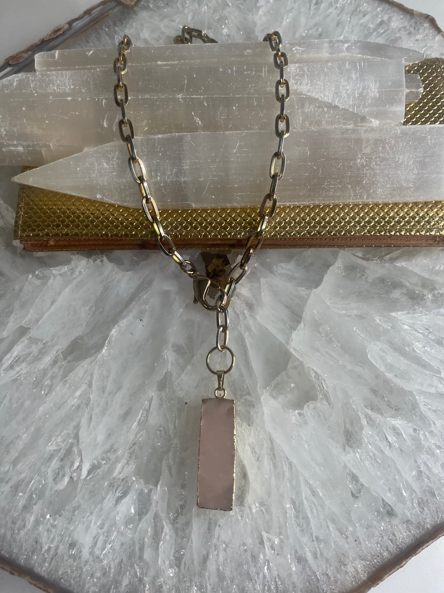 Heart Chakra Rose Quartz Crystal Soul Chain Necklace w 24k Electroplated