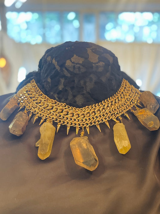 Vintage Sude Choker with Raw Citrine and Garden Quartz Crystal Soul Chain gold Plated Vintage Necklace