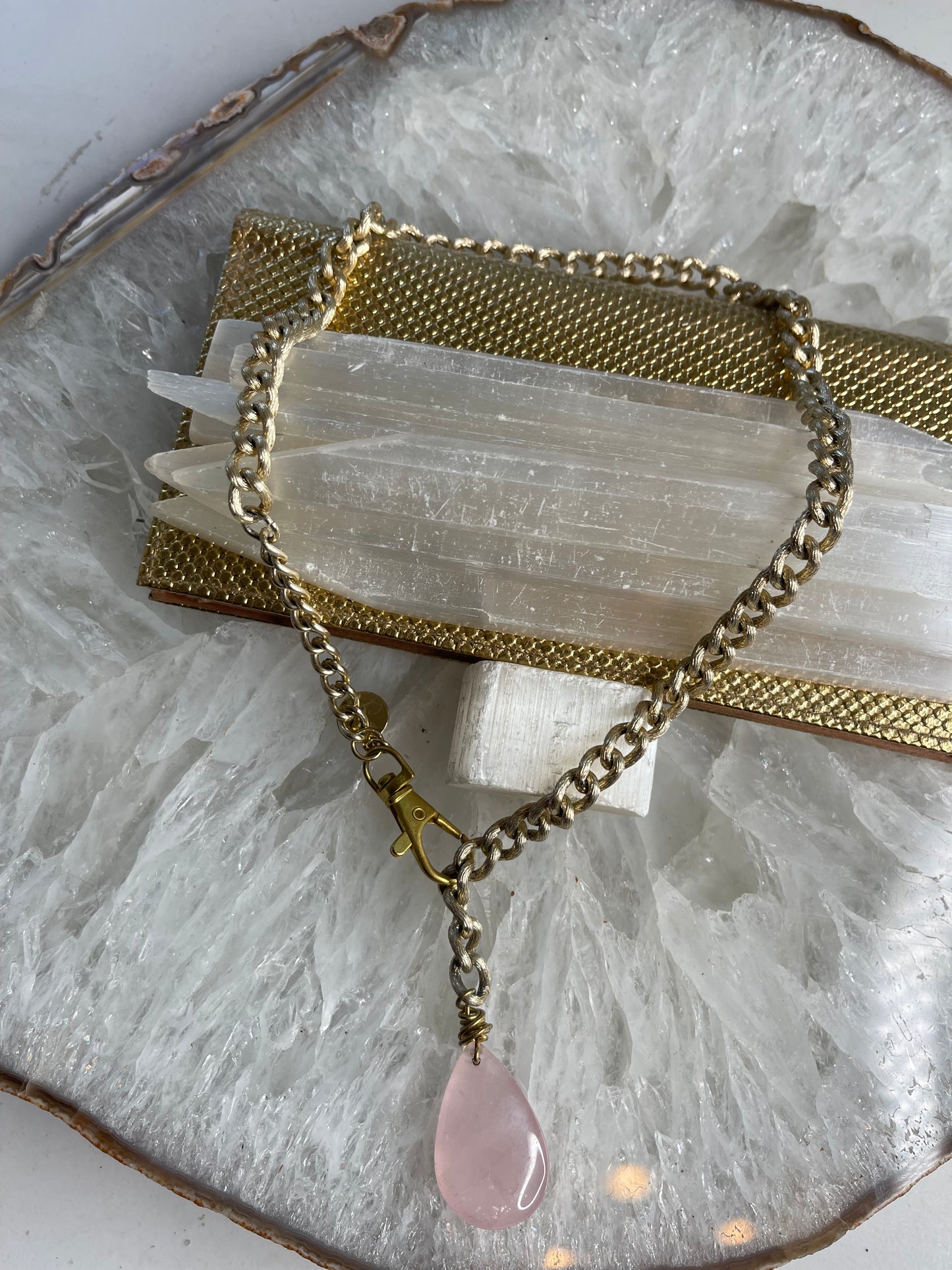 Pink Drop Heart Chakra Soul Chain Rose Quartz Crystal Gold Plated Soul Chain