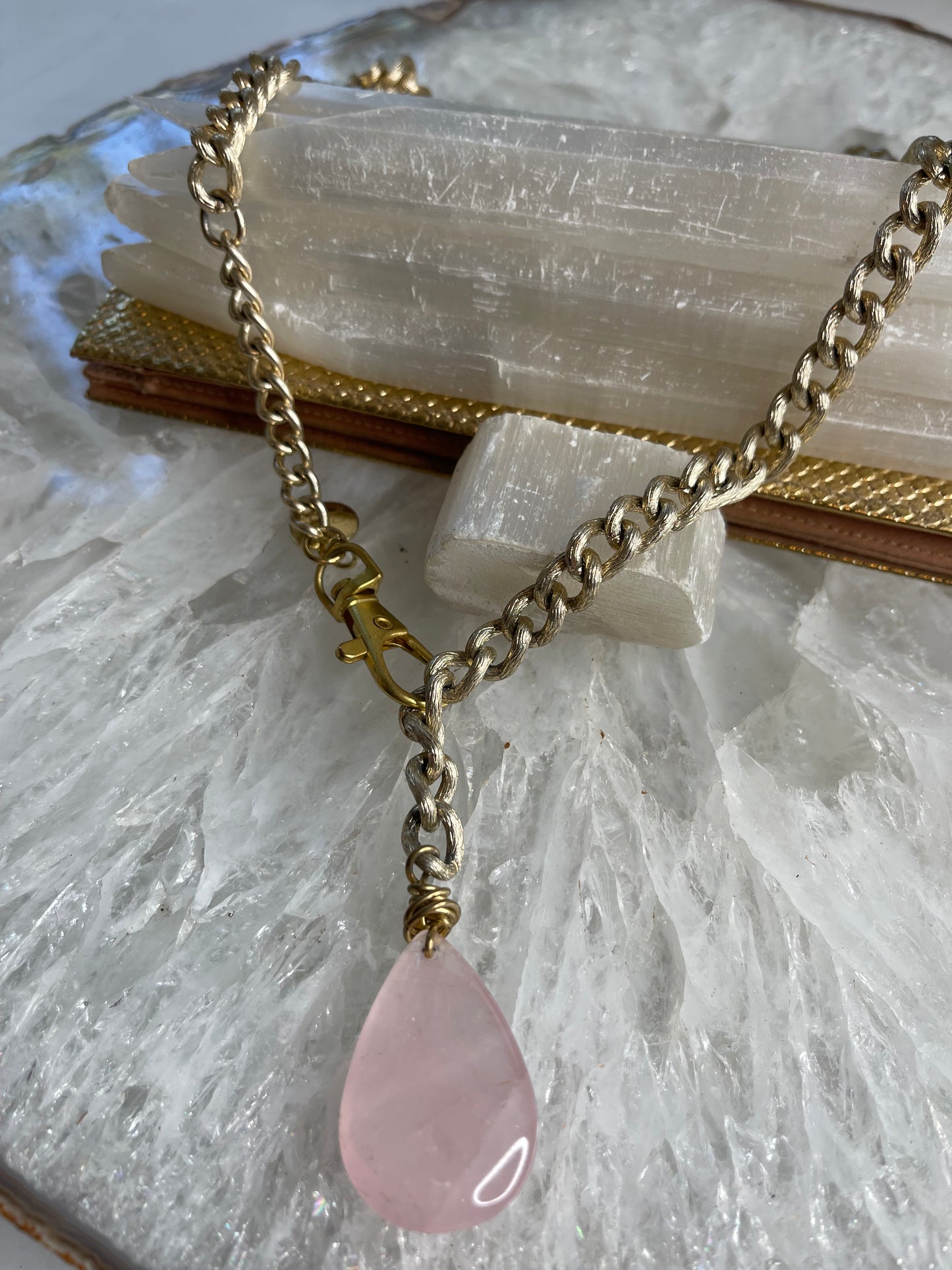 Pink Drop Heart Chakra Soul Chain Rose Quartz Crystal Gold Plated Soul Chain