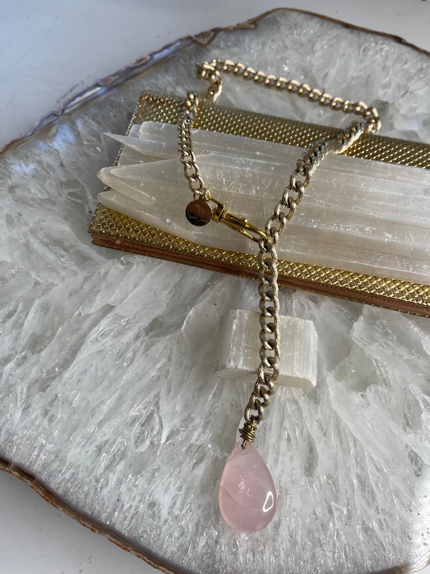 Pink Drop Heart Chakra Soul Chain Rose Quartz Crystal Gold Plated Soul Chain