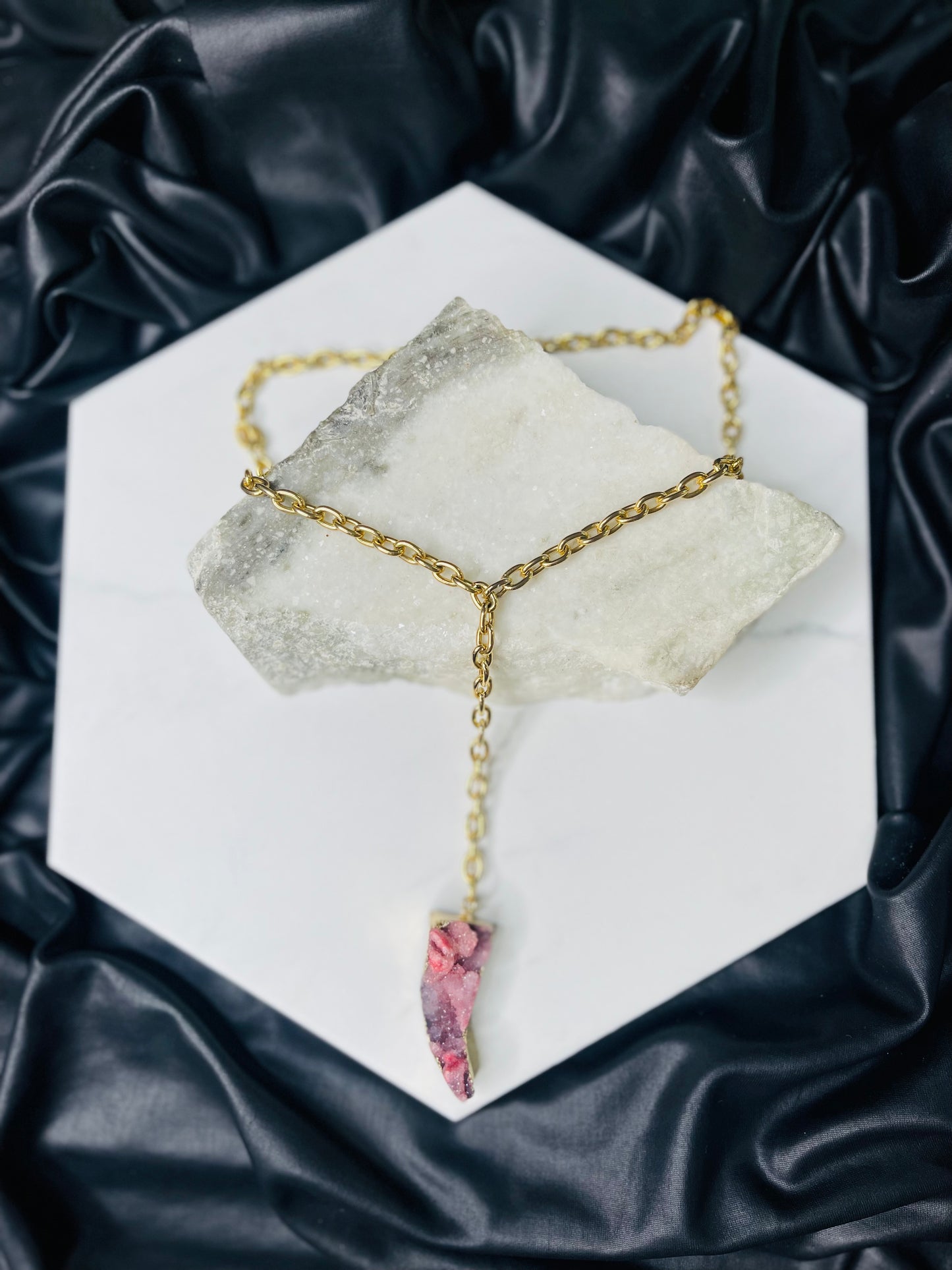 Heart Chakra Pink Amethyst Druzy Crystal Soul Chain Necklace w 24k Electroplated