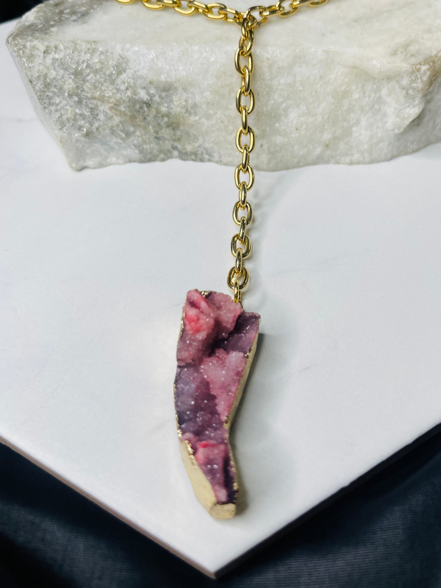 Heart Chakra Pink Amethyst Druzy Crystal Soul Chain Necklace w 24k Electroplated