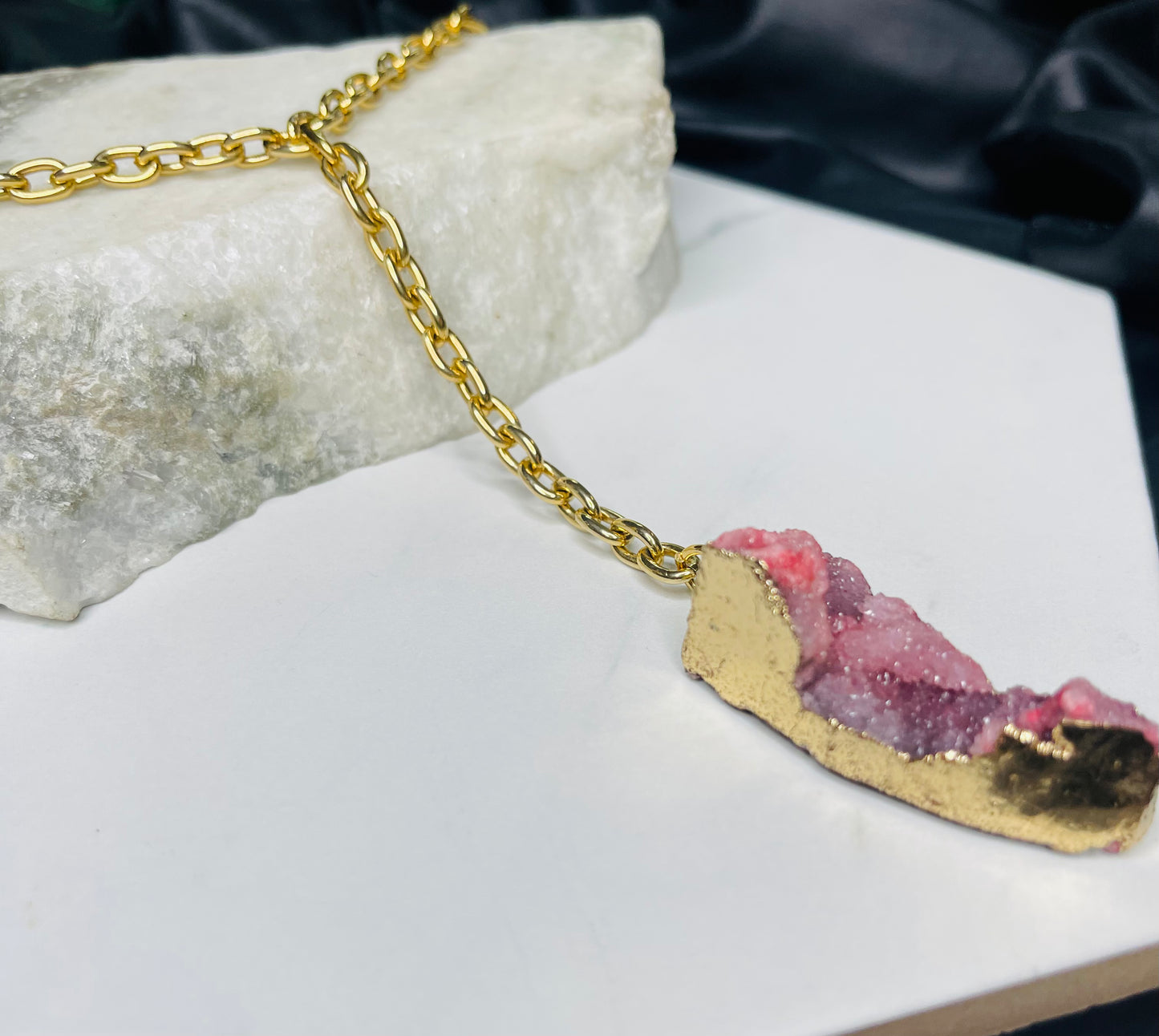 Heart Chakra Pink Amethyst Druzy Crystal Soul Chain Necklace w 24k Electroplated