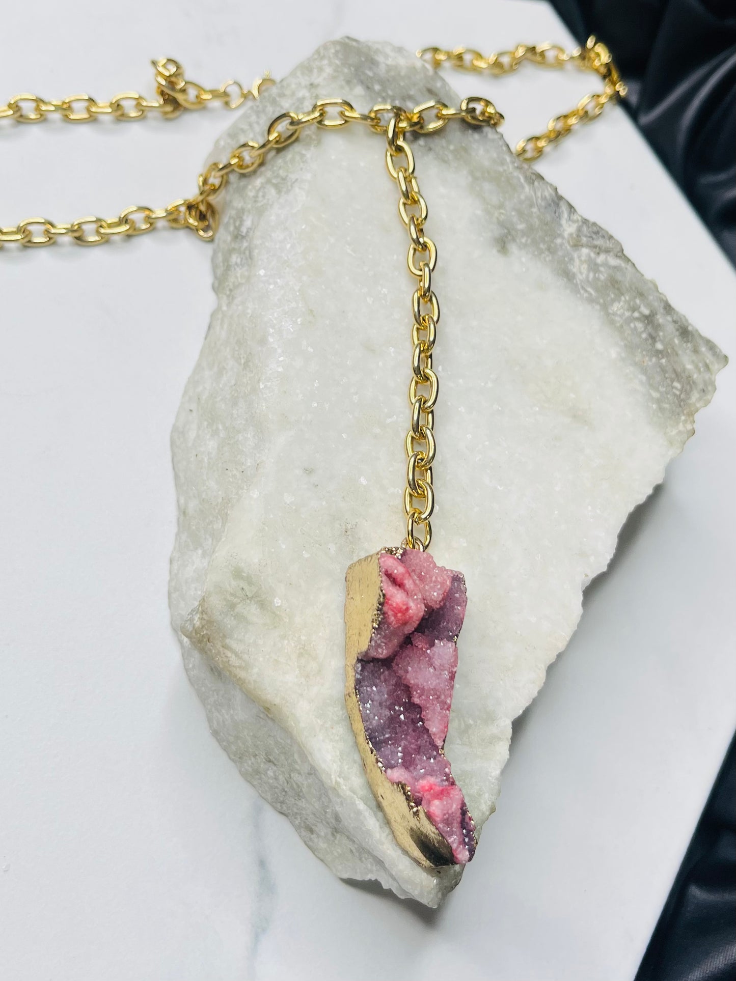 Heart Chakra Pink Amethyst Druzy Crystal Soul Chain Necklace w 24k Electroplated