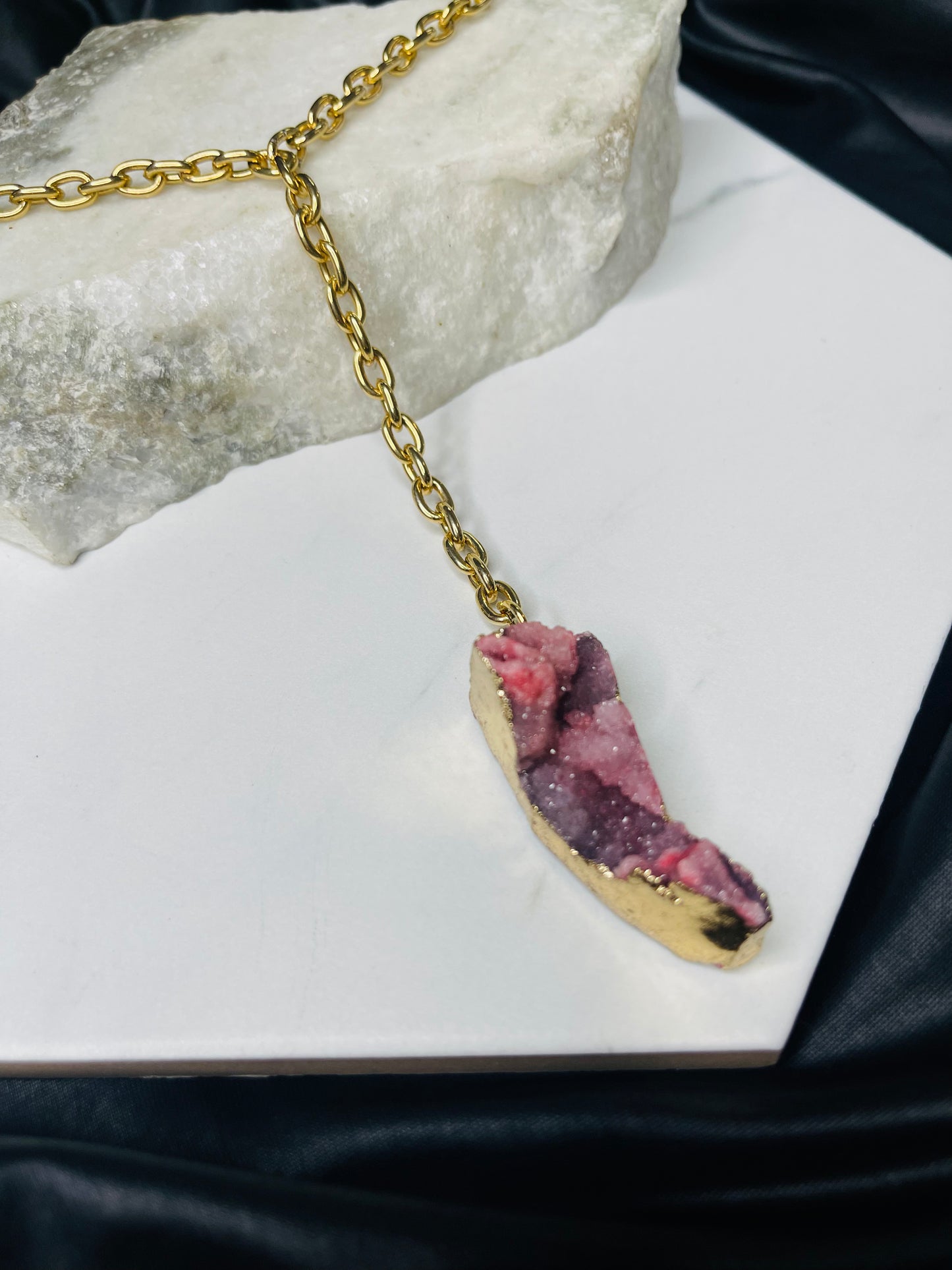 Heart Chakra Pink Amethyst Druzy Crystal Soul Chain Necklace w 24k Electroplated